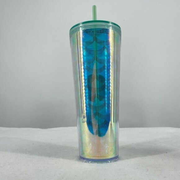 Starbucks Cold Tumbler Iridescent Blue Green Geometric Scales 24oz Acrylic - Picture 3 of 5